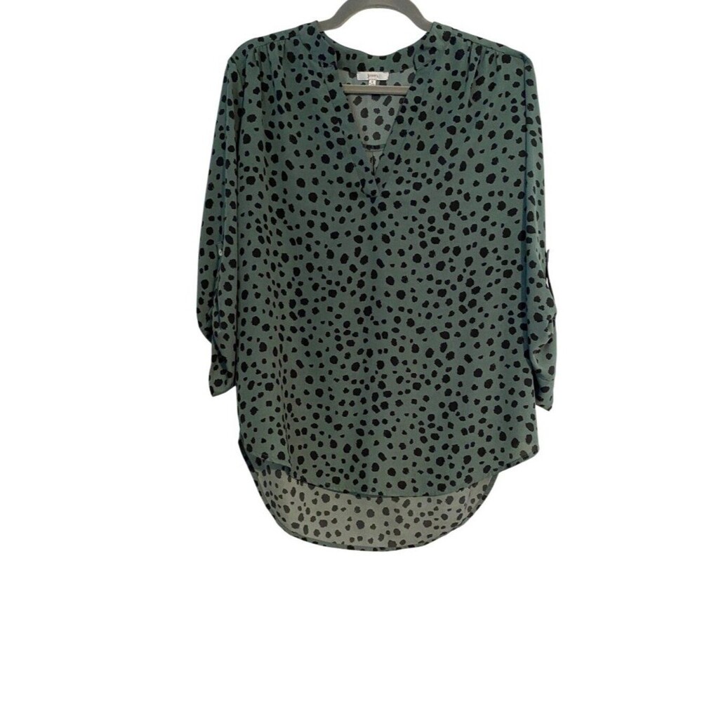 Jodifl Women's S Green Black Tunic Top Leopard 3/4 Sleeve V-Neck Hi-Low Hem Boho